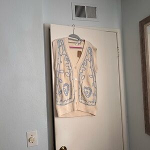 Vestique Cream and Blue Cardigan Vest